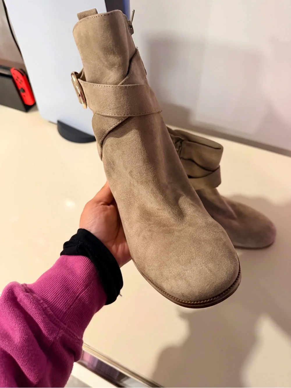 Nine West Beige Suede Buckle Strap Block Heel Ankle Boot